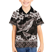 Hawaiian Plumeria and Humpback Whales Family Matching Puletasi and Hawaiian Shirt Polynerian Art Tattoo-Grayscale Mode LT03 Son's Shirt Black - Polynesian Pride