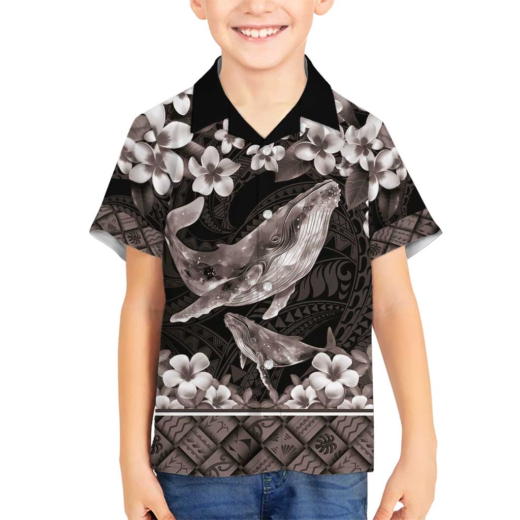 Hawaiian Plumeria and Humpback Whales Family Matching Summer Maxi Dress and Hawaiian Shirt Polynerian Art Tattoo-Grayscale Mode