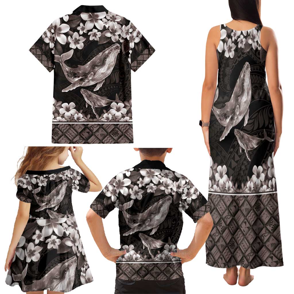 Hawaiian Plumeria and Humpback Whales Family Matching Tank Maxi Dress and Hawaiian Shirt Polynerian Art Tattoo-Grayscale Mode