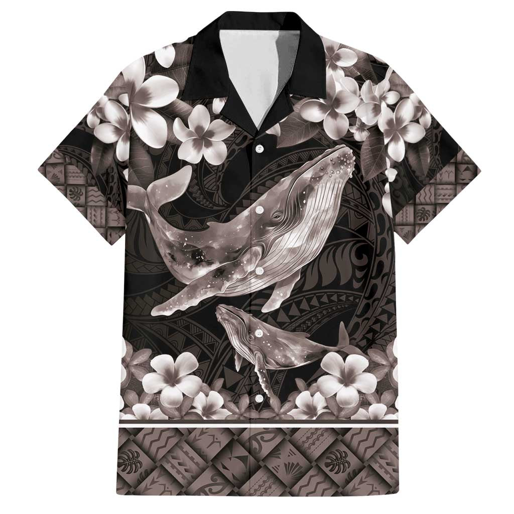 Hawaiian Plumeria and Humpback Whales Family Matching Tank Maxi Dress and Hawaiian Shirt Polynerian Art Tattoo-Grayscale Mode