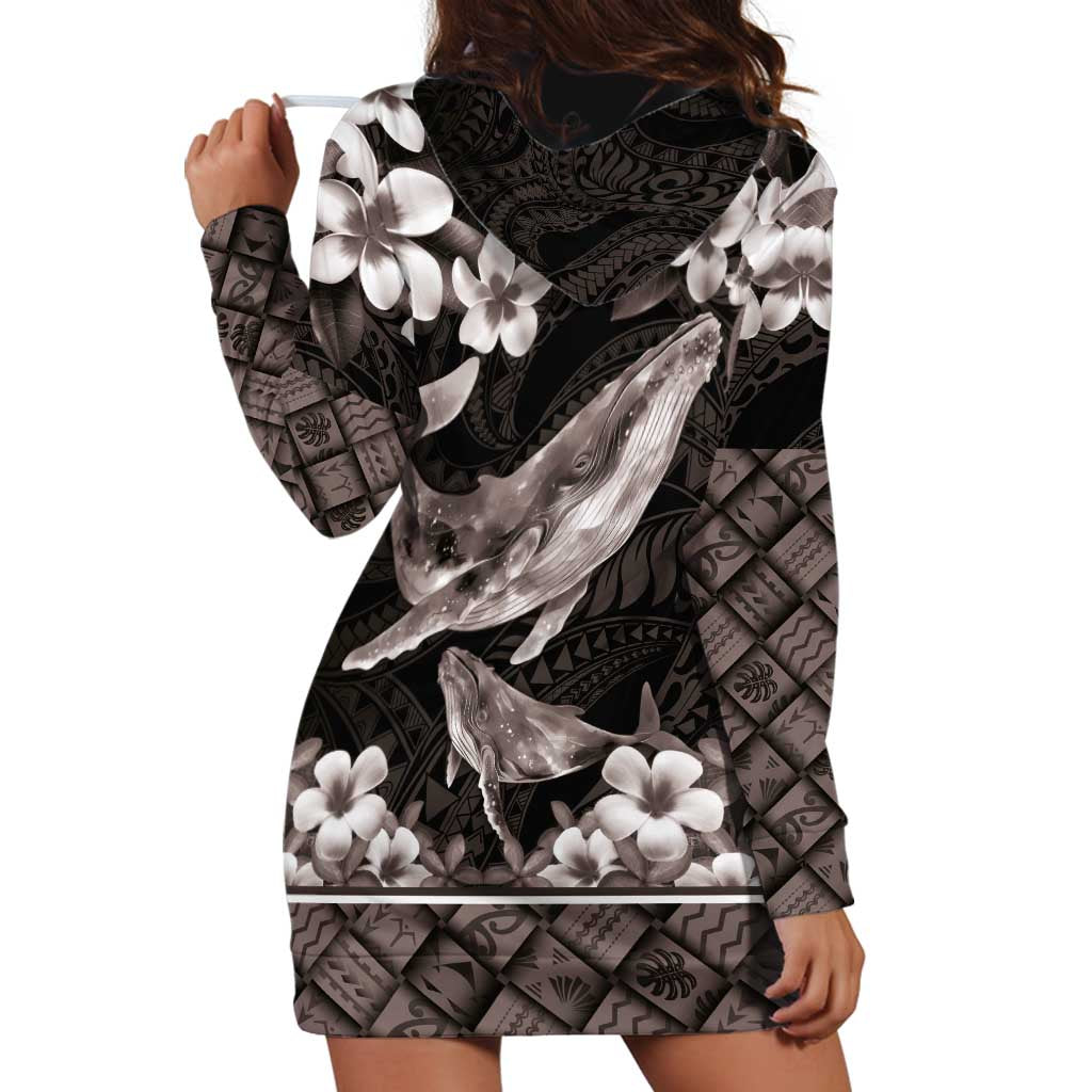 Hawaiian Plumeria and Humpback Whales Hoodie Dress Polynerian Art Tattoo-Grayscale Mode LT03 - Polynesian Pride
