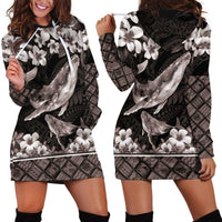 Hawaiian Plumeria and Humpback Whales Hoodie Dress Polynerian Art Tattoo-Grayscale Mode LT03 - Polynesian Pride