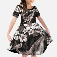 Hawaiian Plumeria and Humpback Whales Kid Short Sleeve Dress Polynerian Art Tattoo-Grayscale Mode