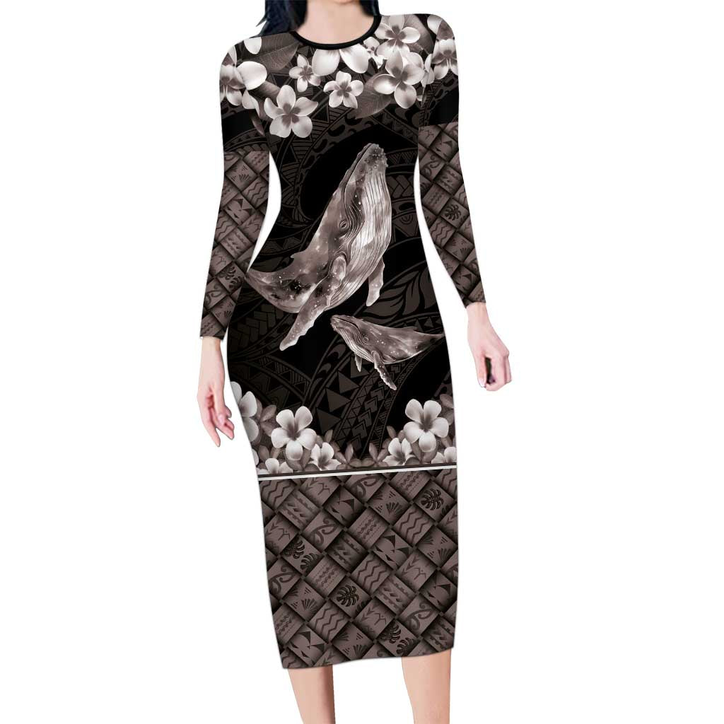 Hawaiian Plumeria and Humpback Whales Long Sleeve Bodycon Dress Polynerian Art Tattoo-Grayscale Mode LT03 Long Dress Black - Polynesian Pride