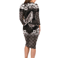 Hawaiian Plumeria and Humpback Whales Long Sleeve Bodycon Dress Polynerian Art Tattoo-Grayscale Mode LT03 - Polynesian Pride