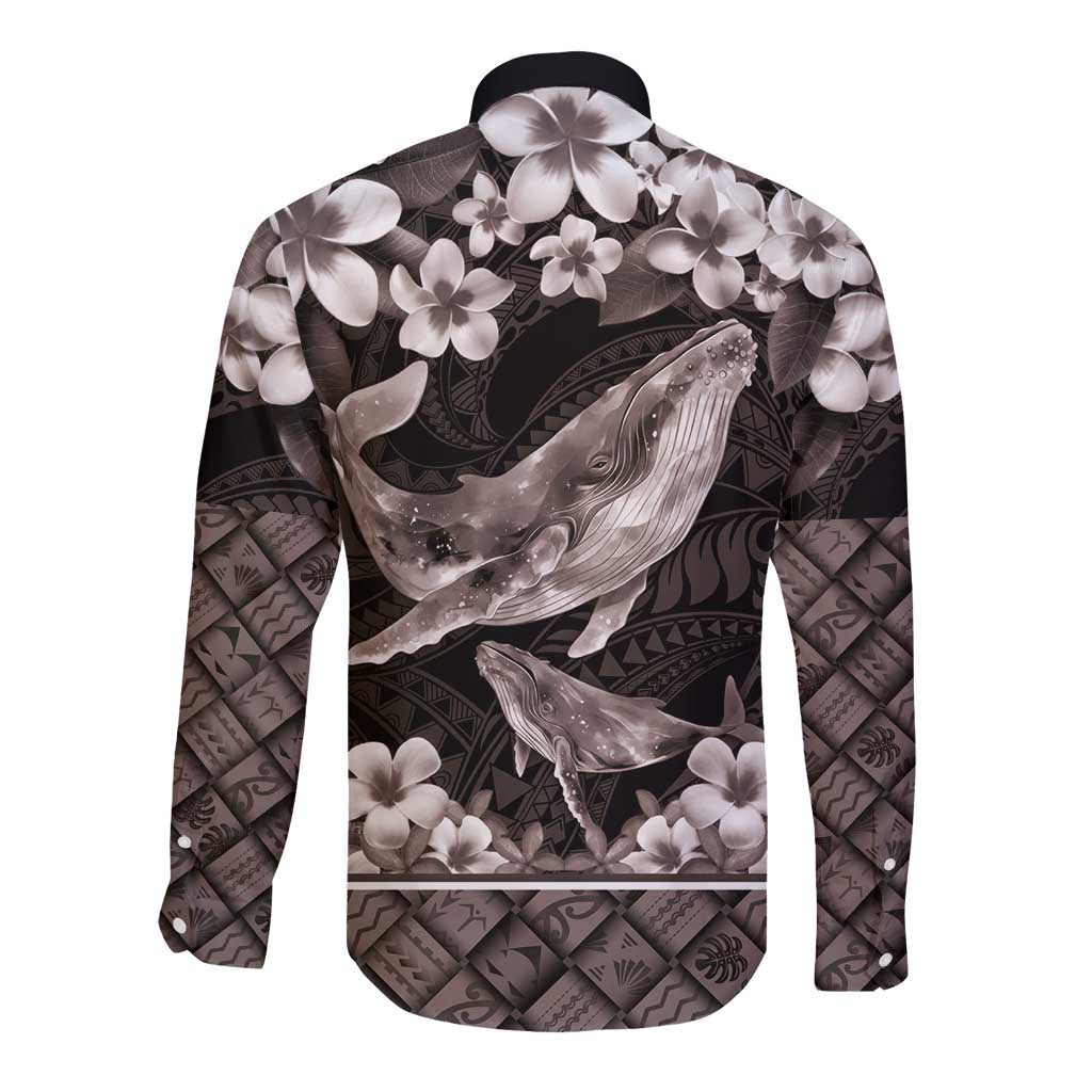 Hawaiian Plumeria and Humpback Whales Long Sleeve Button Shirt Polynerian Art Tattoo-Grayscale Mode