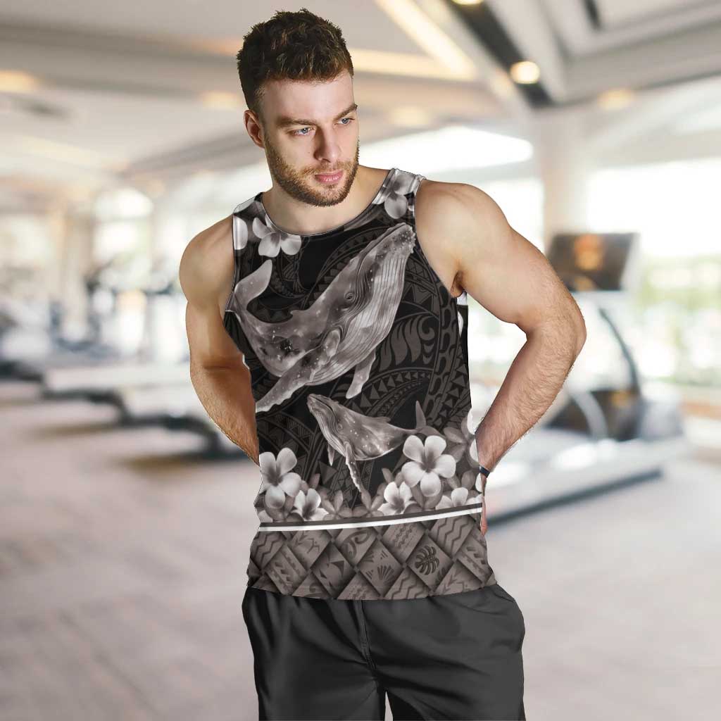 Hawaiian Plumeria and Humpback Whales Men Tank Top Polynerian Art Tattoo-Grayscale Mode LT03 Black - Polynesian Pride