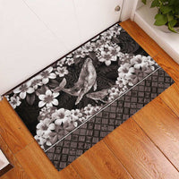 Hawaiian Plumeria and Humpback Whales Rubber Doormat Polynerian Art Tattoo-Grayscale Mode