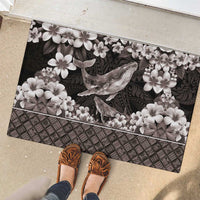 Hawaiian Plumeria and Humpback Whales Rubber Doormat Polynerian Art Tattoo-Grayscale Mode