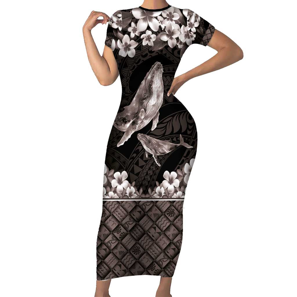 Hawaiian Plumeria and Humpback Whales Short Sleeve Bodycon Dress Polynerian Art Tattoo-Grayscale Mode LT03 Long Dress Black - Polynesian Pride