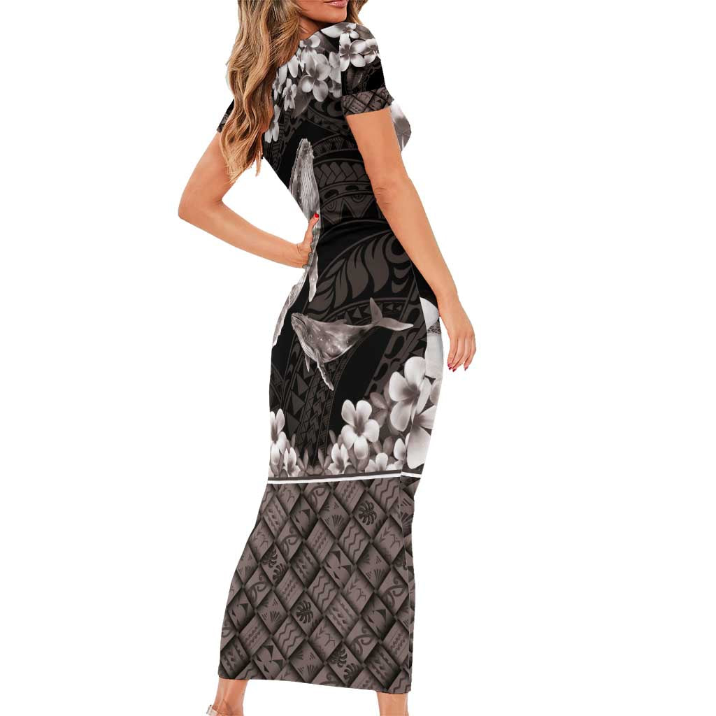 Hawaiian Plumeria and Humpback Whales Short Sleeve Bodycon Dress Polynerian Art Tattoo-Grayscale Mode LT03 - Polynesian Pride