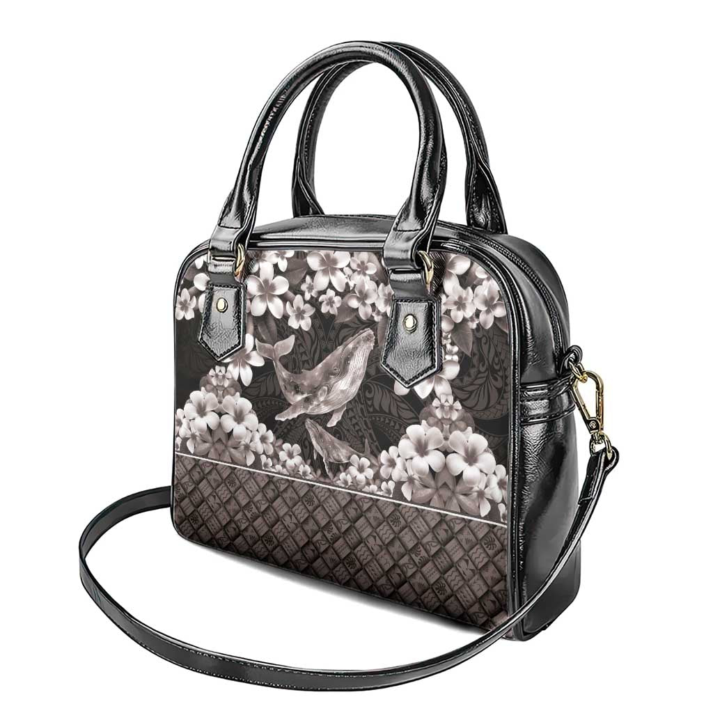 Hawaiian Plumeria and Humpback Whales Shoulder Handbag Polynerian Art Tattoo-Grayscale Mode