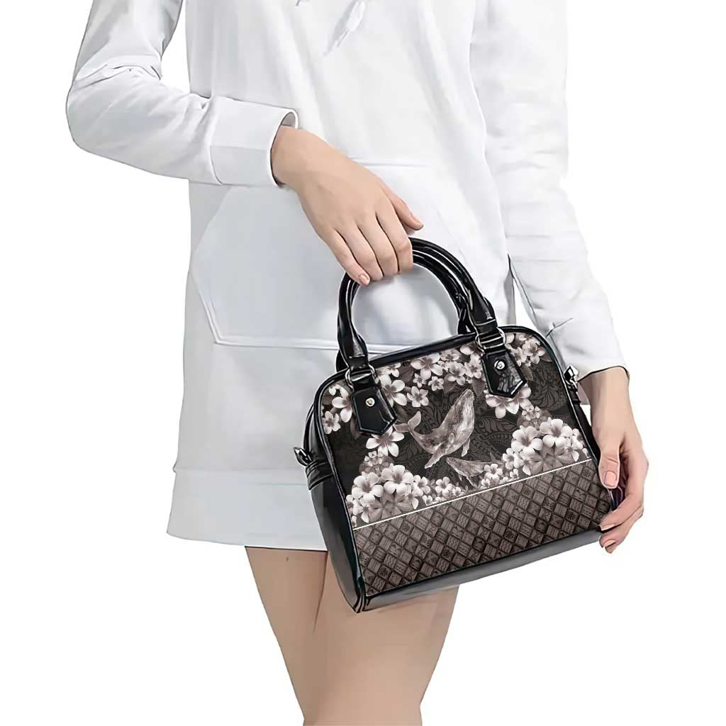 Hawaiian Plumeria and Humpback Whales Shoulder Handbag Polynerian Art Tattoo-Grayscale Mode