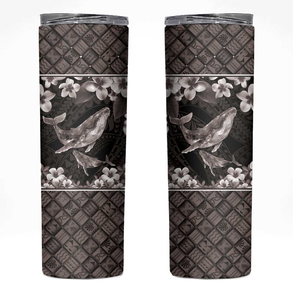 Hawaiian Plumeria and Humpback Whales Skinny Tumbler Polynerian Art Tattoo-Grayscale Mode LT03 Black - Polynesian Pride