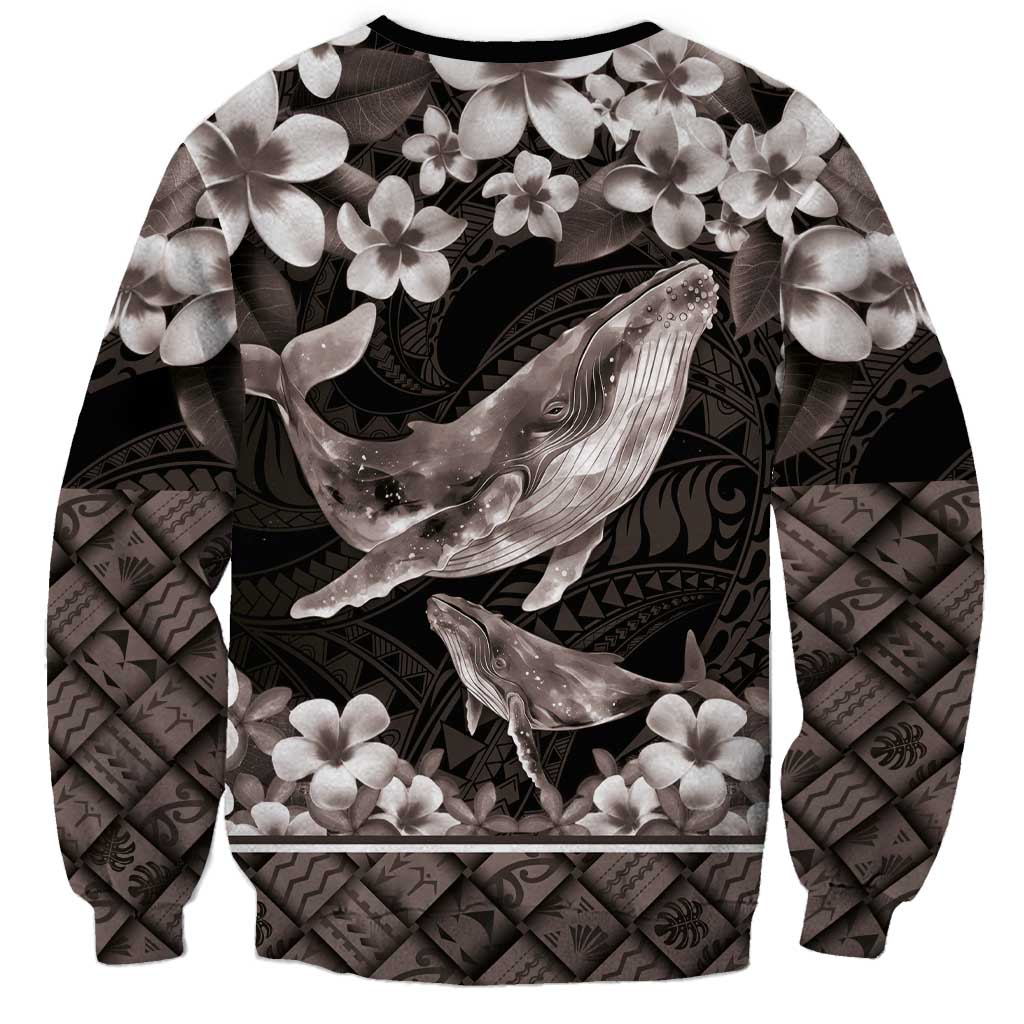 Hawaiian Plumeria and Humpback Whales Sweatshirt Polynerian Art Tattoo-Grayscale Mode