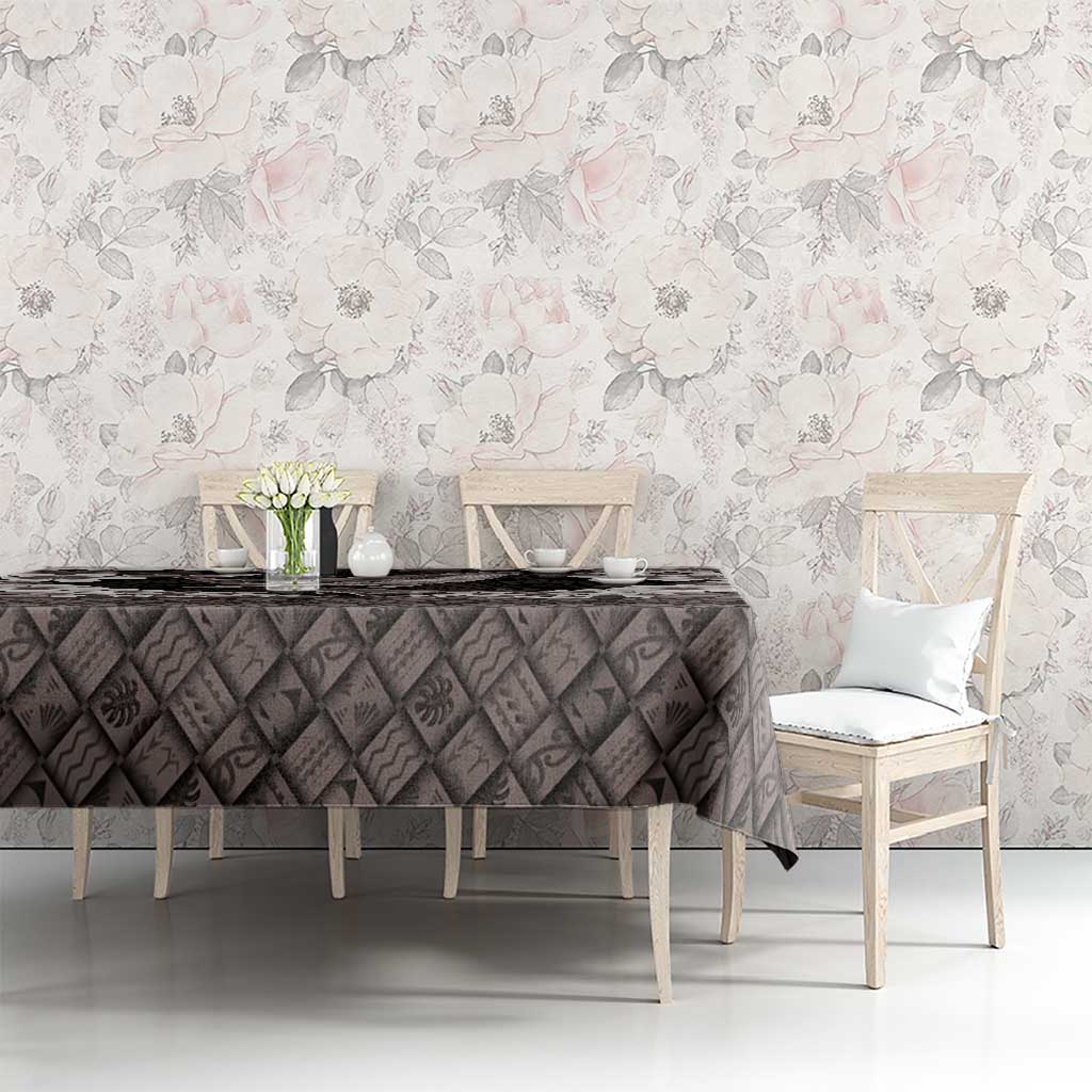 Hawaiian Plumeria and Humpback Whales Tablecloth Polynerian Art Tattoo-Grayscale Mode