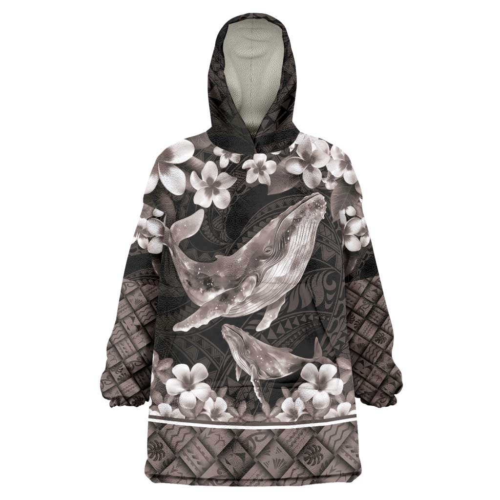 Hawaiian Plumeria and Humpback Whales Wearable Blanket Hoodie Polynerian Art Tattoo-Grayscale Mode LT03 One Size Black - Polynesian Pride