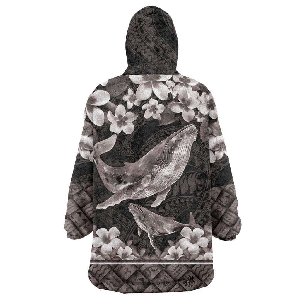 Hawaiian Plumeria and Humpback Whales Wearable Blanket Hoodie Polynerian Art Tattoo-Grayscale Mode LT03 - Polynesian Pride