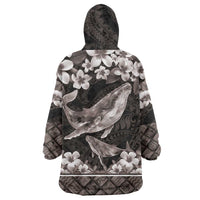 Hawaiian Plumeria and Humpback Whales Wearable Blanket Hoodie Polynerian Art Tattoo-Grayscale Mode LT03 - Polynesian Pride