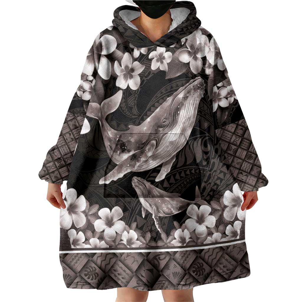 Hawaiian Plumeria and Humpback Whales Wearable Blanket Hoodie Polynerian Art Tattoo-Grayscale Mode LT03 - Polynesian Pride
