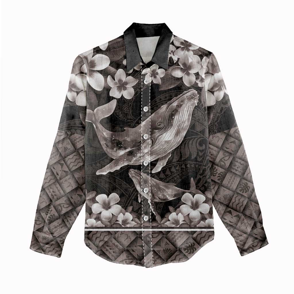 Hawaiian Plumeria and Humpback Whales Women Casual Shirt Polynerian Art Tattoo-Grayscale Mode LT03 - Polynesian Pride