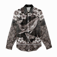 Hawaiian Plumeria and Humpback Whales Women Casual Shirt Polynerian Art Tattoo-Grayscale Mode LT03 - Polynesian Pride