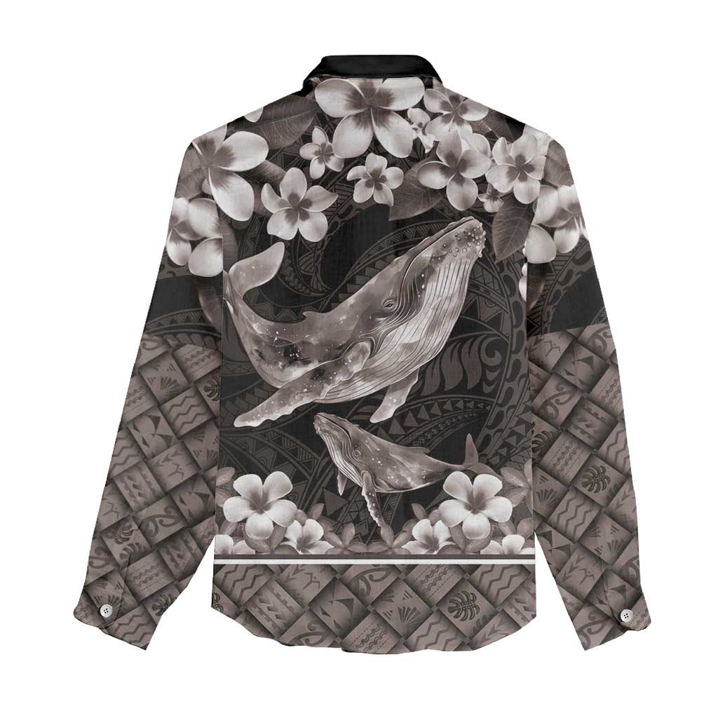 Hawaiian Plumeria and Humpback Whales Women Casual Shirt Polynerian Art Tattoo-Grayscale Mode LT03 - Polynesian Pride