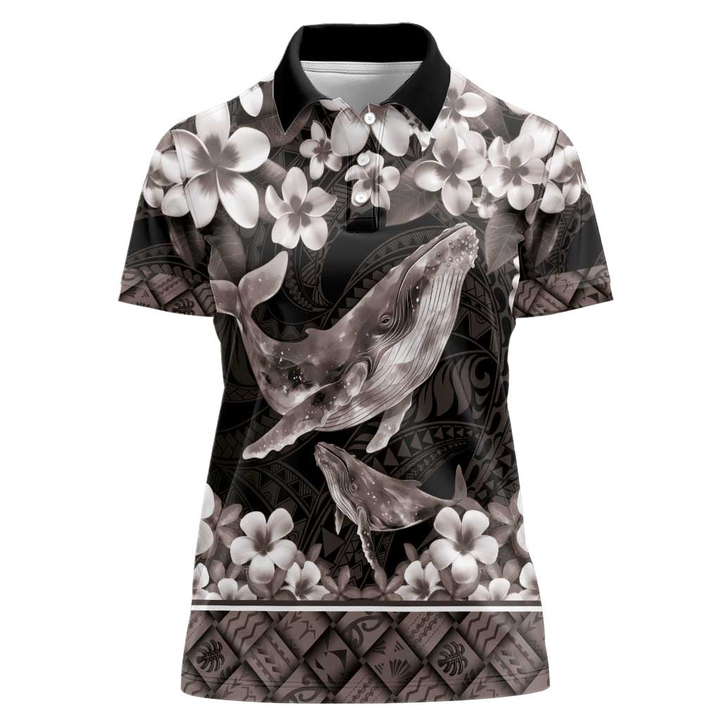 Hawaiian Plumeria and Humpback Whales Women Polo Shirt Polynerian Art Tattoo-Grayscale Mode LT03 Female Black - Polynesian Pride