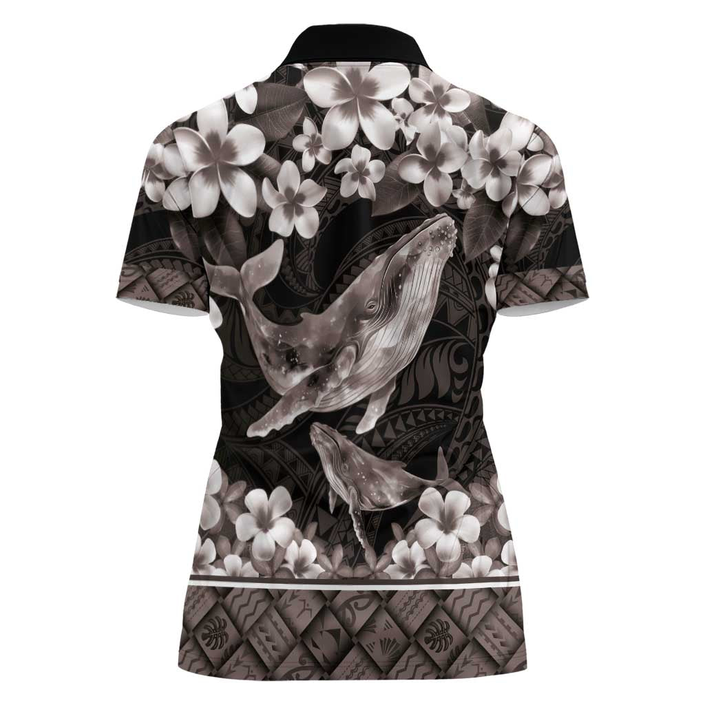 Hawaiian Plumeria and Humpback Whales Women Polo Shirt Polynerian Art Tattoo-Grayscale Mode LT03 - Polynesian Pride