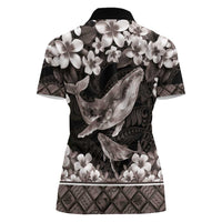 Hawaiian Plumeria and Humpback Whales Women Polo Shirt Polynerian Art Tattoo-Grayscale Mode LT03 - Polynesian Pride