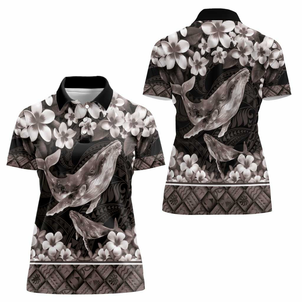 Hawaiian Plumeria and Humpback Whales Women Polo Shirt Polynerian Art Tattoo-Grayscale Mode LT03 - Polynesian Pride