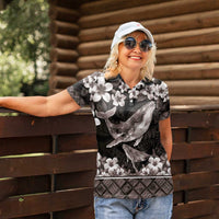 Hawaiian Plumeria and Humpback Whales Women Polo Shirt Polynerian Art Tattoo-Grayscale Mode LT03 - Polynesian Pride