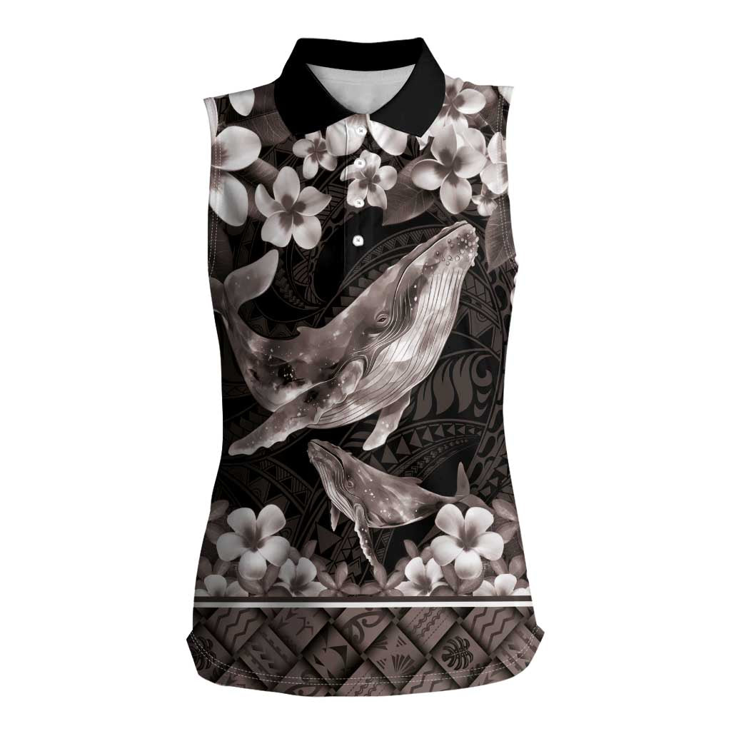 Hawaiian Plumeria and Humpback Whales Women Sleeveless Polo Shirt Polynerian Art Tattoo-Grayscale Mode LT03 Female Black - Polynesian Pride