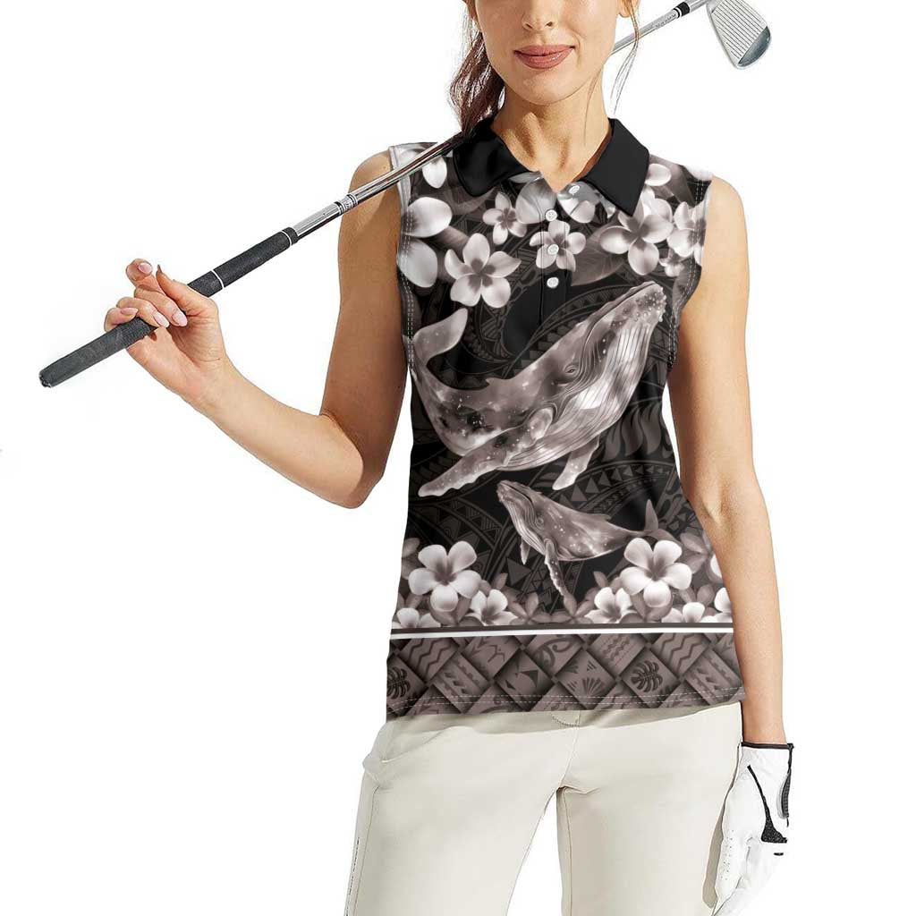 Hawaiian Plumeria and Humpback Whales Women Sleeveless Polo Shirt Polynerian Art Tattoo-Grayscale Mode LT03 - Polynesian Pride