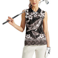 Hawaiian Plumeria and Humpback Whales Women Sleeveless Polo Shirt Polynerian Art Tattoo-Grayscale Mode LT03 - Polynesian Pride