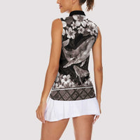 Hawaiian Plumeria and Humpback Whales Women Sleeveless Polo Shirt Polynerian Art Tattoo-Grayscale Mode LT03 - Polynesian Pride