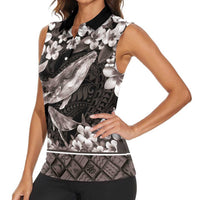 Hawaiian Plumeria and Humpback Whales Women Sleeveless Polo Shirt Polynerian Art Tattoo-Grayscale Mode LT03 - Polynesian Pride