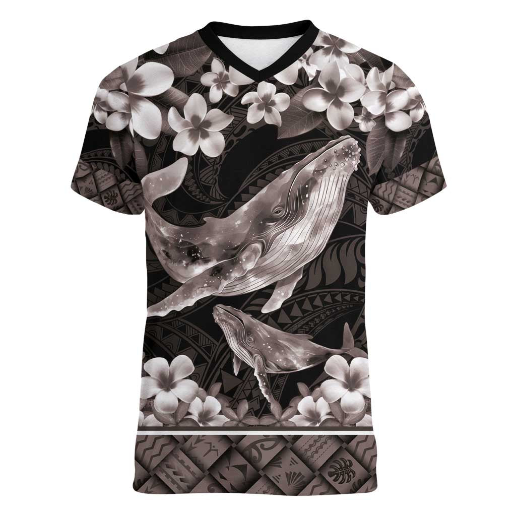 Hawaiian Plumeria and Humpback Whales Women V-Neck T-Shirt Polynerian Art Tattoo-Grayscale Mode LT03 Female Black - Polynesian Pride