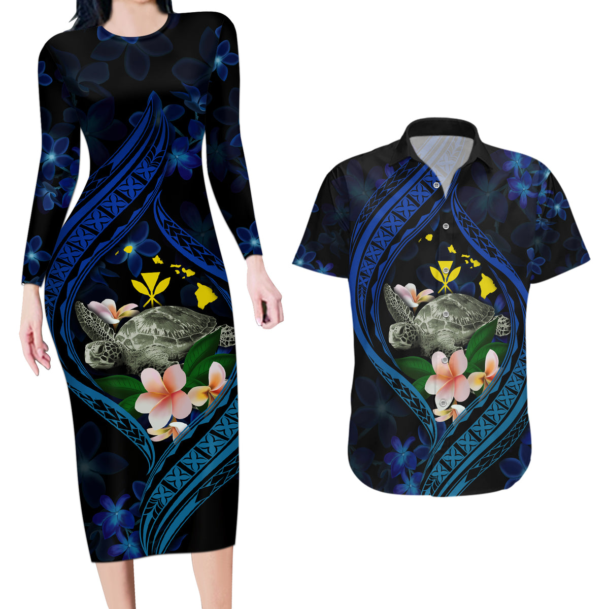 Hawaii Turtle Plumeria Flower Fanciful Couples Matching Long Sleeve Bodycon Dress and Hawaiian Shirt LT03 Black - Polynesian Pride