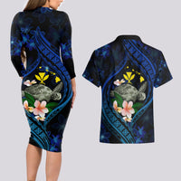 Hawaii Turtle Plumeria Flower Fanciful Couples Matching Long Sleeve Bodycon Dress and Hawaiian Shirt LT03 - Polynesian Pride