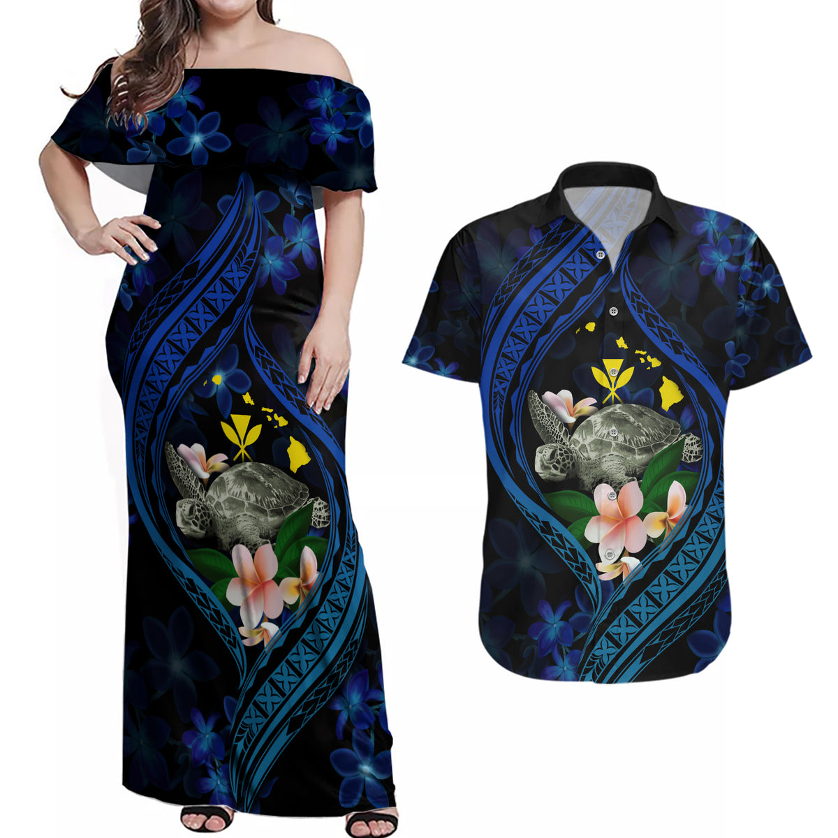 Hawaii Turtle Plumeria Flower Fanciful Couples Matching Off Shoulder Maxi Dress and Hawaiian Shirt LT03 Black - Polynesian Pride