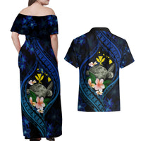 Hawaii Turtle Plumeria Flower Fanciful Couples Matching Off Shoulder Maxi Dress and Hawaiian Shirt LT03 - Polynesian Pride
