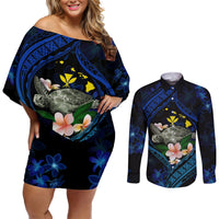 Hawaii Turtle Plumeria Flower Fanciful Couples Matching Off Shoulder Short Dress and Long Sleeve Button Shirt