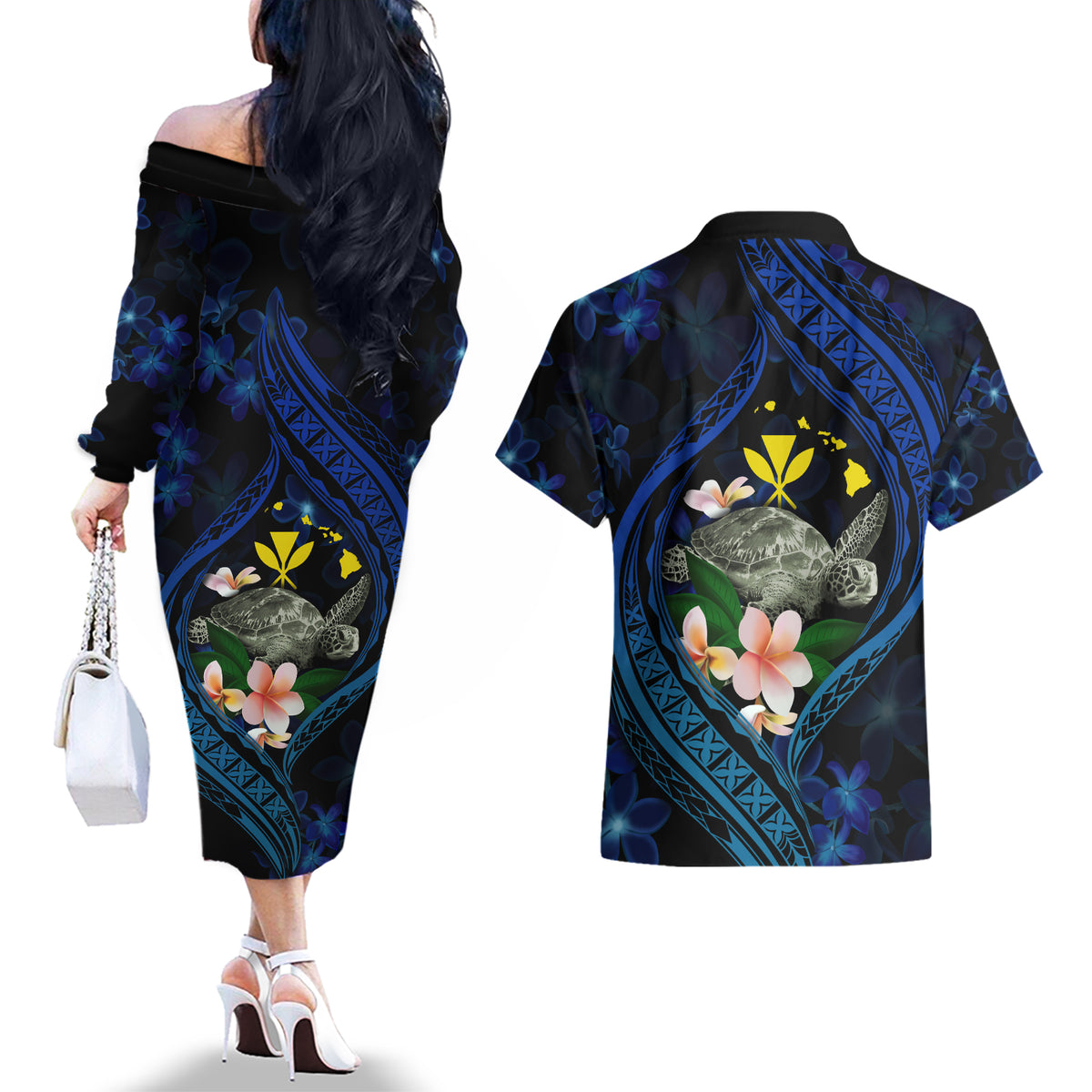Hawaii Turtle Plumeria Flower Fanciful Couples Matching Off The Shoulder Long Sleeve Dress and Hawaiian Shirt LT03 - Polynesian Pride