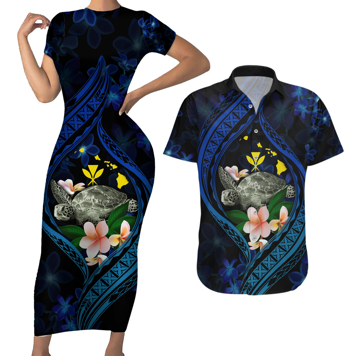 Hawaii Turtle Plumeria Flower Fanciful Couples Matching Short Sleeve Bodycon Dress and Hawaiian Shirt LT03 Black - Polynesian Pride