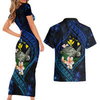 Hawaii Turtle Plumeria Flower Fanciful Couples Matching Short Sleeve Bodycon Dress and Hawaiian Shirt LT03 - Polynesian Pride