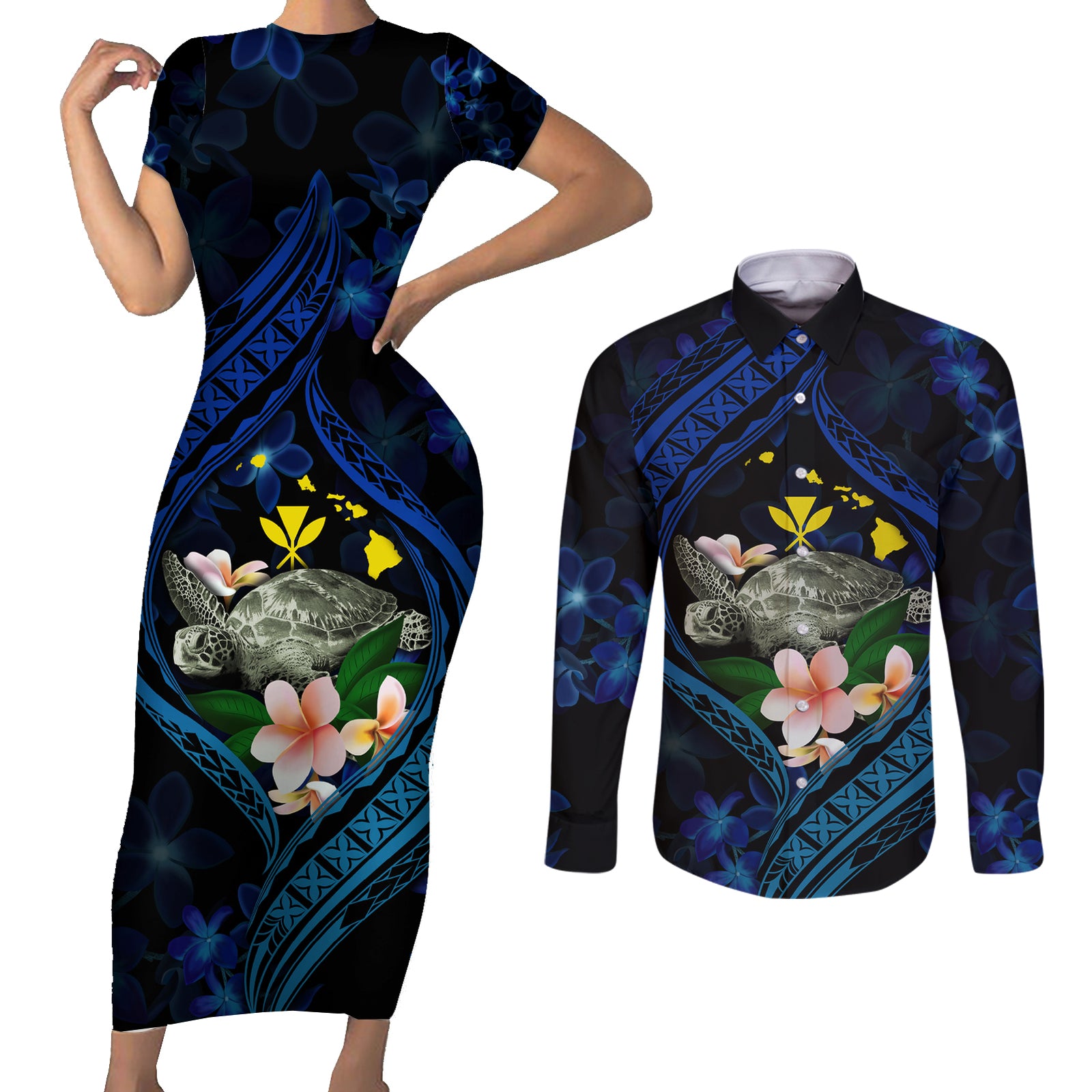 Hawaii Turtle Plumeria Flower Fanciful Couples Matching Short Sleeve Bodycon Dress and Long Sleeve Button Shirt