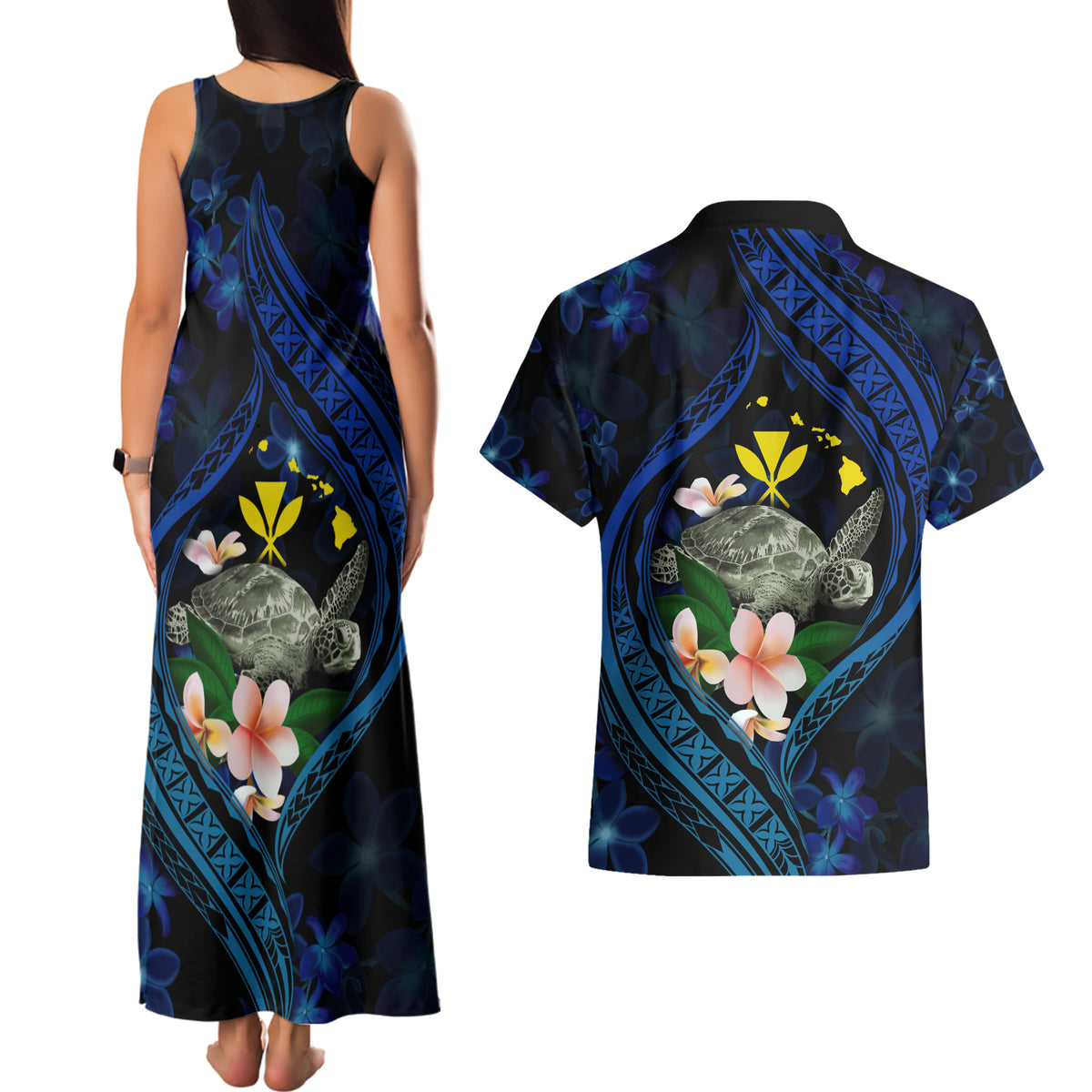 Hawaii Turtle Plumeria Flower Fanciful Couples Matching Tank Maxi Dress and Hawaiian Shirt LT03 - Polynesian Pride