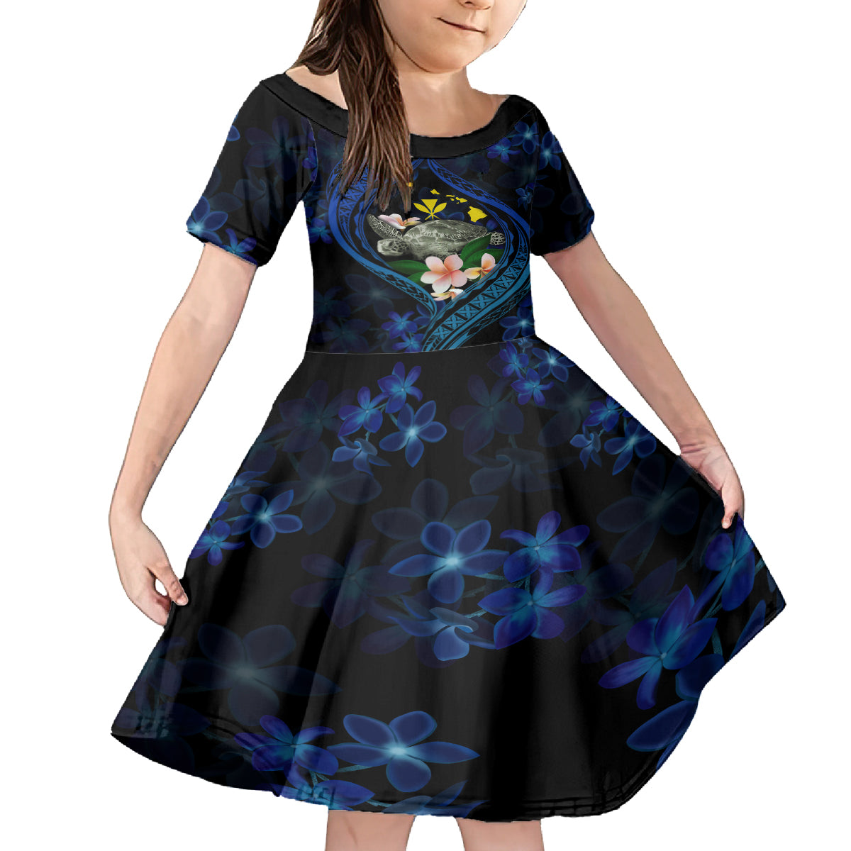 Hawaii Turtle Plumeria Flower Fanciful Family Matching Long Sleeve Bodycon Dress and Hawaiian Shirt LT03 Daughter's Dress Black - Polynesian Pride