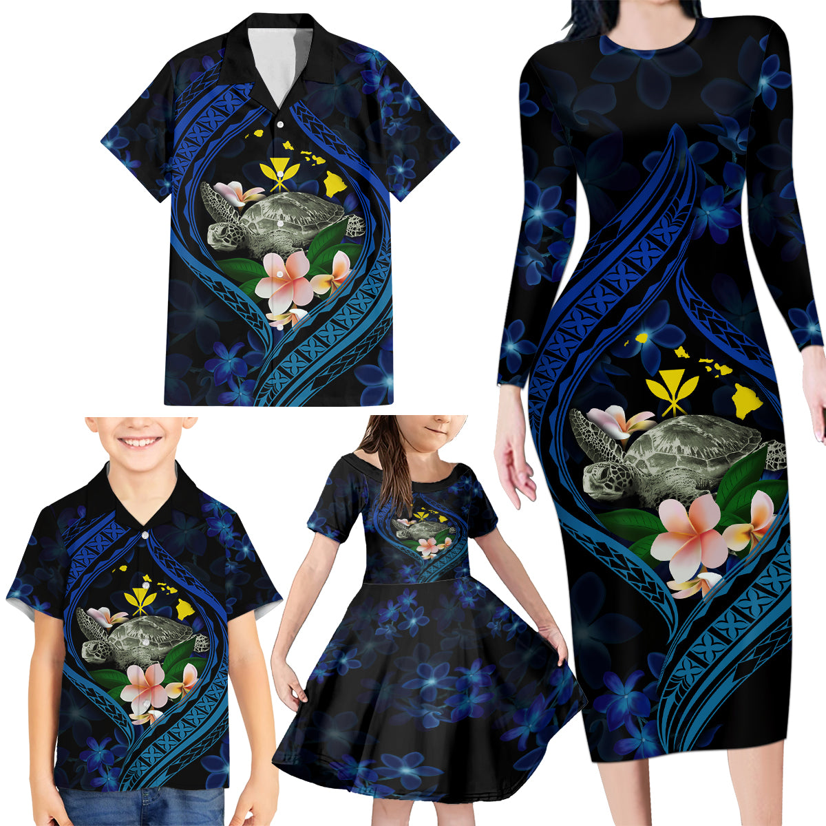 Hawaii Turtle Plumeria Flower Fanciful Family Matching Long Sleeve Bodycon Dress and Hawaiian Shirt LT03 - Polynesian Pride